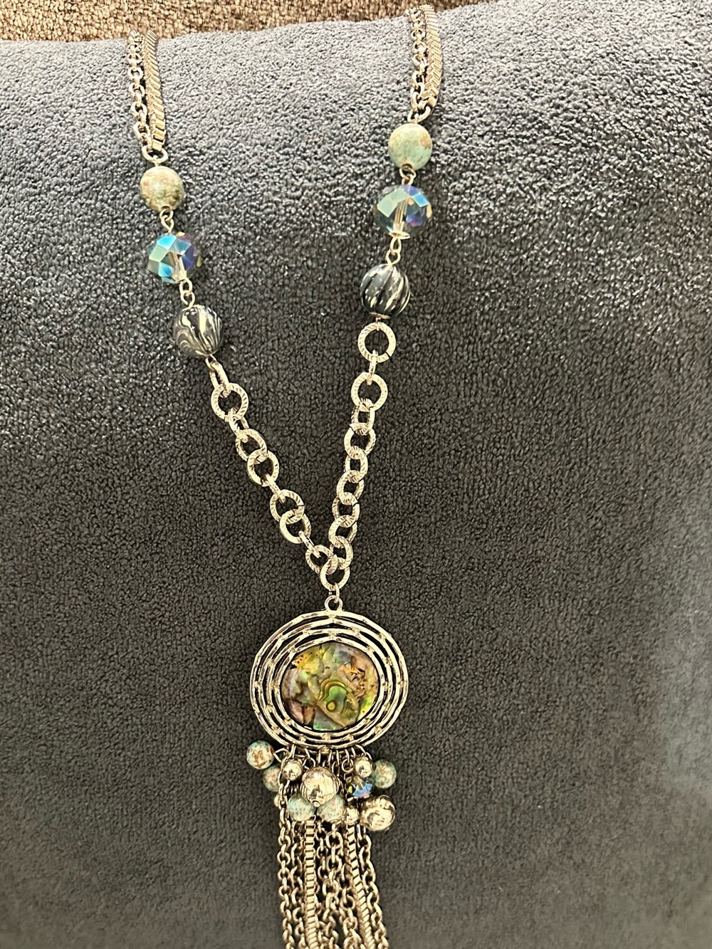 Silver-Tone Abalone Bead Tassel Necklace - Green Accent